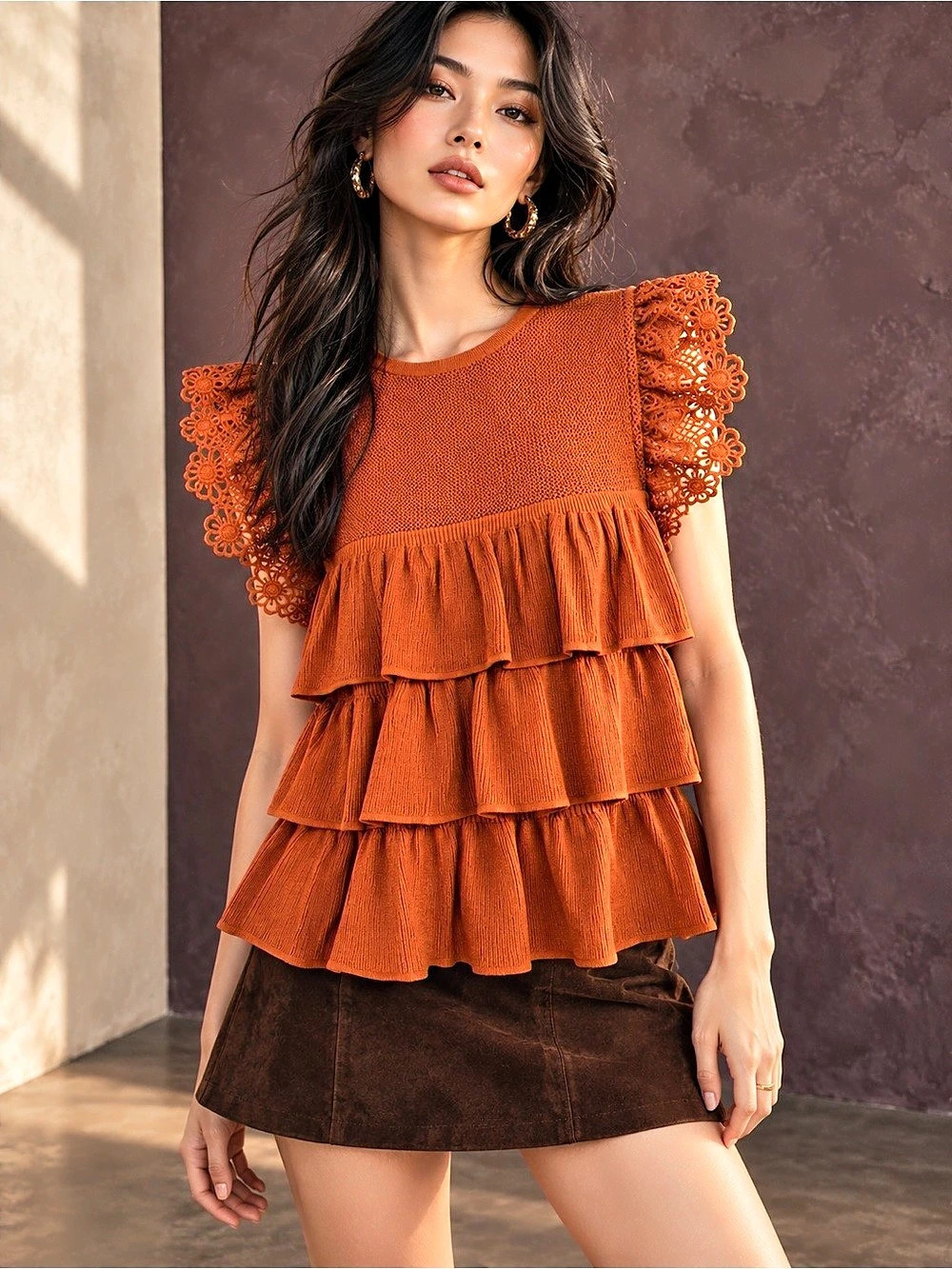 Anthropologie NWT Dolan Rust Tiered Ruffle Crochet Floral Guipure Knit Top S